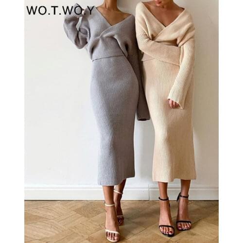 WOTWOY 2021 Knitted V-neck Sweater and Skirt Two Pieces Matching Set Women Split Wrapped Pencil Skirts Female Autumn Pullovers