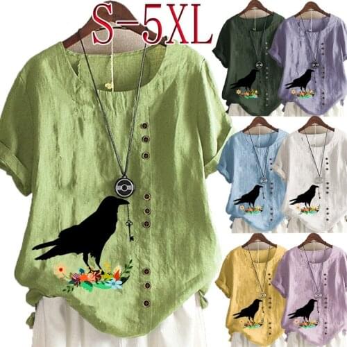 Womens New Fashion Summer Magpie Bird Printed Round Neck Short Sleeve T-shirt Casual Loose Solid Color Blouse Tops Plus Size