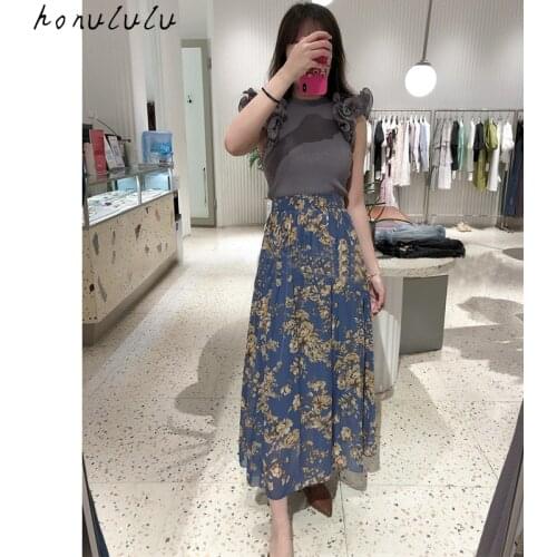 2021 autumn new product Japanese style elegant high-waist printed chiffon pleated skirt women