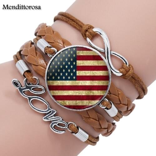 Mendittorosa American Flag Fashion Jewelry Steampunk Women Gift Multilayer Black/Brown Leather Bracelet Bangle
