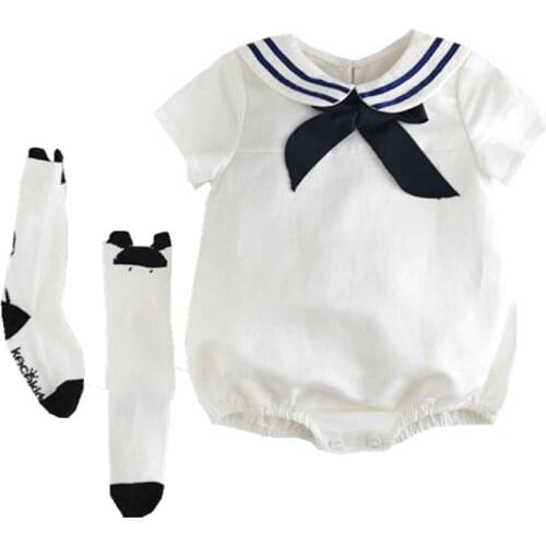 Toddler Girl Navy Academy Summer Wind Clothes Short Sleeve Sailor Stripe Collar Romper Girls Marine Navy White One Piece Tops