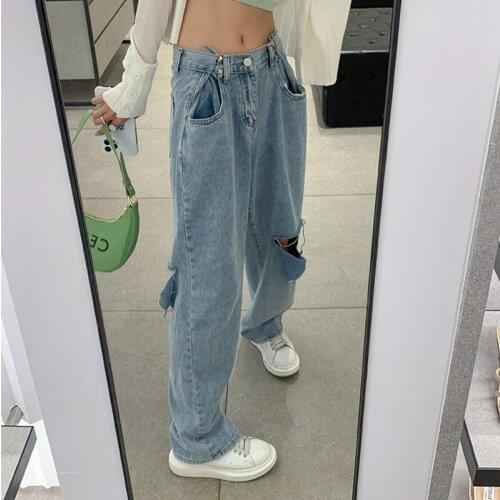 Fashion Holes High Waist Jeans Femme Pantalon 90s Vintage Streetwear Loose Korean Trousers Joggers Women Denim Pants