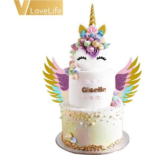 Unicorn Cake Topper Cupcake Suit Unicornio Horn Ears Wings Birthday Party Cake Decorations Birthday Gift For Kids Supplies Tools
