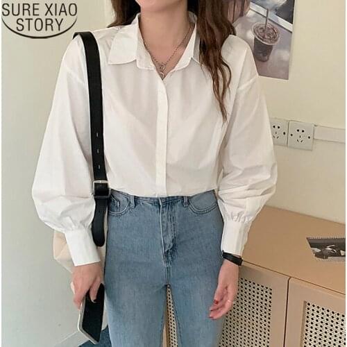 Cotton Shirts Women Tops New White Blouse Autumn Long Lantern Sleeve Shirt Office Lady Korean Fashion Loose Shirt Blusas 17198