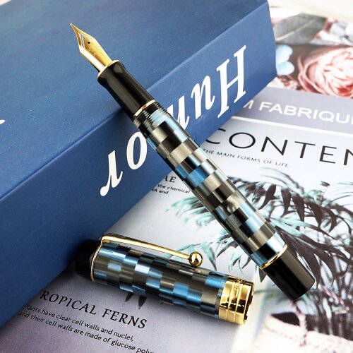 Jinhao 100 Centennial Resin Fountain Pen Blue Checkerboard EF/F/M/Bent Nib Ink Pen with Converter for Business Office Writing