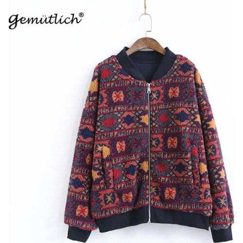 GEMUTLICH Over Size Women Winter Warm Basball Jacket Vintage Print Casual Loose Top Lamb Wool Cardigan Thick Outwear
