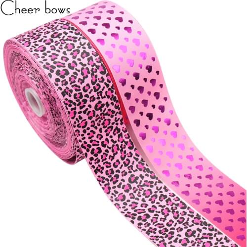 2Y/lot 3" Pink Leopard Grosgrain Ribbon Foil Heart Printed Ribbon DIY Hair Accessories For Wedding Party Decor Sofa Bed Decor