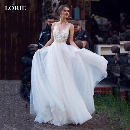 LORIE A Line Princess Wedding Dress Sexy V Neck Lace Bridal Gowns 2021 Elegant Puff Tulle Wedding Party Gowns