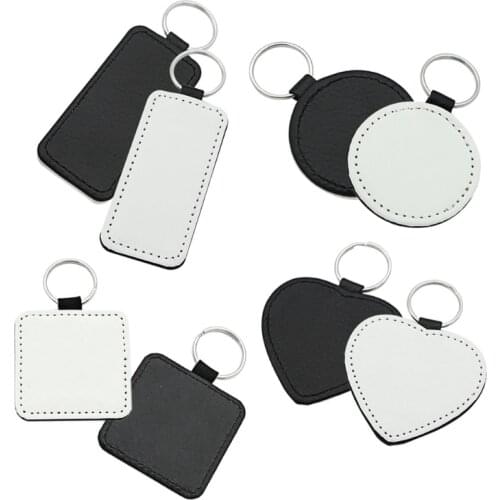 2020 New 10Pcs Leather Keychains Blank Heart Round Square MDF Keychains Sublimation Heat Transfer Keychains Kit Jewelry Making
