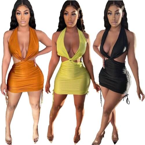 Echoine Solid Halter Bandage Hollow Out Bodycon Dress Drawstring Ruched Stretchy Dresses Sexy Night Clubwear Summer Outfits
