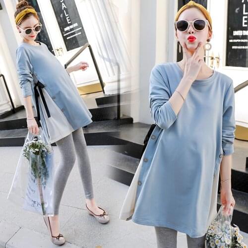 Korean Style Maternity Wear Autumn Long-sleeved Bottoming Shirt Top Loose Large Size T-shirt Trendy Maternity Dress Skirt