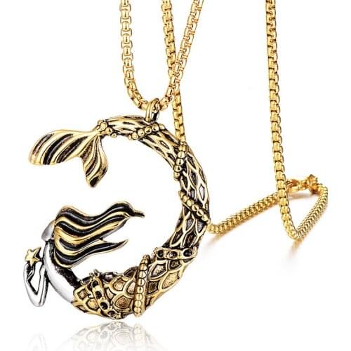New Titanium Steel Mermaid Pendant Necklace Fashion Trendy Men and Women Personality Stainless Steel Jewelry Gift