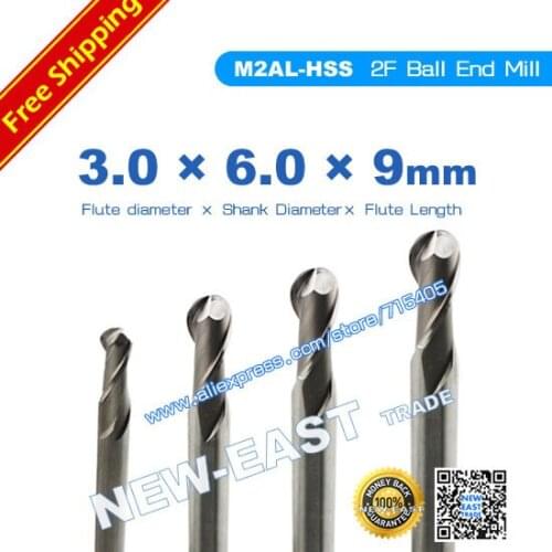 For dia 6mm M2AL-HSS R1.5 2 Flutes Ball Cutter Nosed End Mill 3*6*9*75mm cnc cutting router tools mill bits