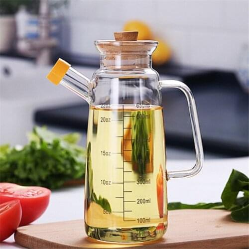 Heat Resistant Leak Proof Glass Oil Bottle with Bamboo Cover and Scale Household Vinegar Seasoning Bottle Kitchen Utensils