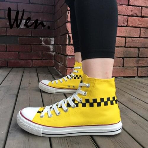 Wen Design Original Hand Painted Custom Shoes Black And Yellow Plaids Taxi Color Pattern High Top Unique Gifts Canvas Sneakers