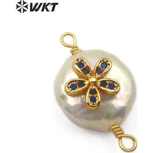 WT-MC275 colorful flower shape cubic zirconia pave Connector natural freshwater pearl Connector with gold charm Jewelry Pendant