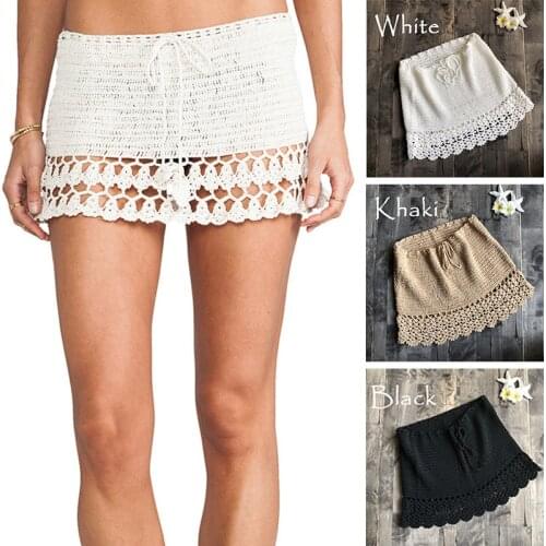 Elegant Handmade Cotton Crochet Mini Skirts Women Summer High Waist Bow Tie Skirt Ladies Beach Bikini Bottoms Saias 2020