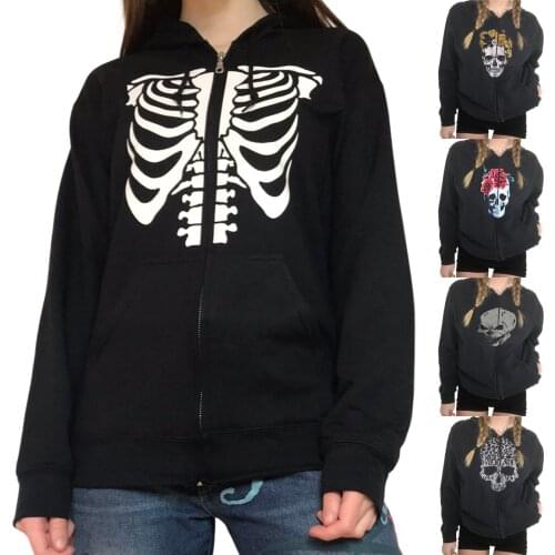 Autumn Halloween Hoodie Women Skull Skeleton Print Long Sleeve Hooded Sweatshirt Zipper Loose Ladies Hoodie Jacket Cardigan