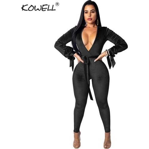 2019 Pleuche deep v neck backless jumpsuit Women winter long sleeve high waist jumpsuit Elegant sexy jumpsuits rompers spring