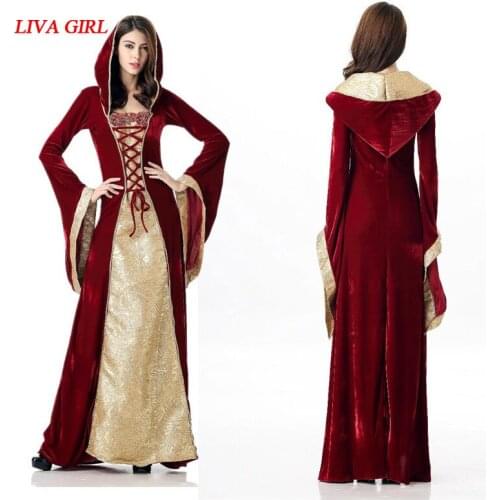 Halloween Costume for Women Retro Victorian Renaissance Medieval Trumpet Sleeve Hooded Gown Dress