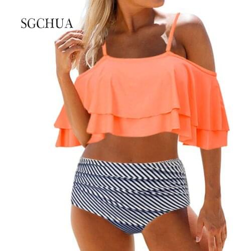 Sexy Solid Color Ruffled Bikini Set Women Striped High Waist Two-Piece Swimsuit 2021 Girl Beach Bathing Suit Swimwear Biquinis