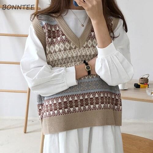 Vests Waistcoats Women Knitted Patchwork Pullover V-neck All-match Inside Womens Students Korean Style Harajuku Vintage Fashion