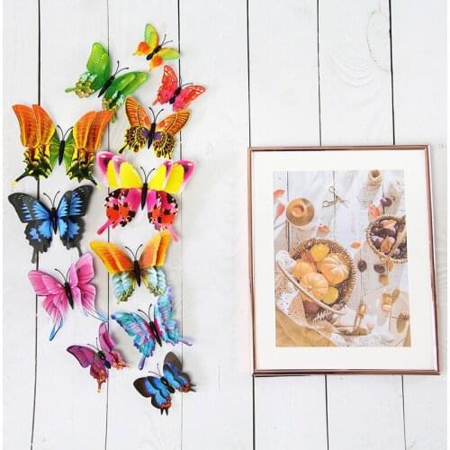 12Pcs/Set New Double Layer 3D Butterfly Wall Sticker Magnet PVC Butterfly Sticker For Party Living Room Bedroom Detortion
