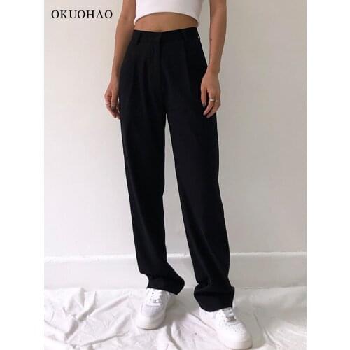 2021 Fashion Straight Suit Women Pants High Waist Casual Office Lady Pants Full Length Wide Leg Loose Female Black Mom Trousers