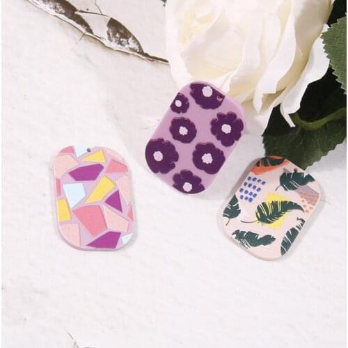 Diy jewelry making 30pcs/lot Relief effect color flowers pattern print geometry Irregular rectangle shape acrylic beads charms