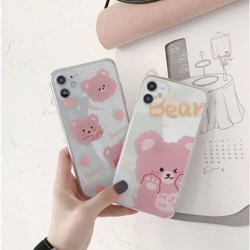 Retro sweet smile pink bear Transparent Japanese Phone Case For iPhone 11 Pro Max Xr Xs Max 7 8 Plus 7Plus case Cute Soft Cover