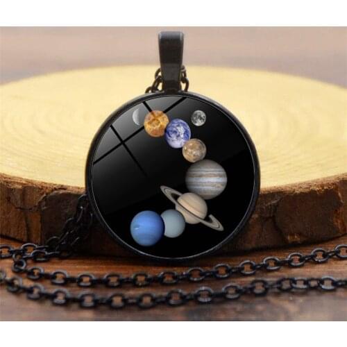 Nine Planets Mercury Venus Earth Jupiter Uranus Neptune Pluto Round Glass Pendent Necklace for Women Men Girls Kid Jewelry Gift