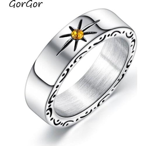 GorGor Rings Men Titanium Steel Pattern Sun Totem Mosaic Zircon Retro Individuality Simplicity Ethnic Style Accessories 688