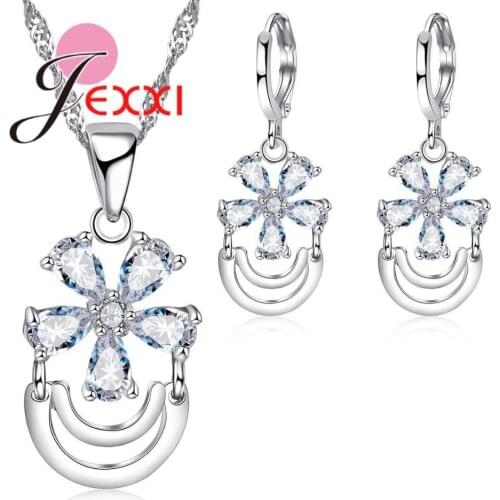 New Finding Crystal Flower Connect Hollow Moon Silver Pendant 925 Sterling Silver Necklace Earrings Jewelry Sets