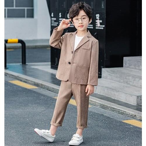 2020 Khaki Plaid Suits for Boy 2 Pieces Slim Fit Child Prom Wedding Suits Summer Kids Formal Dress Tuxedo Blazer with Shorts Set