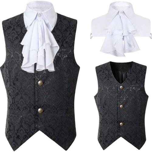 Medieval Costume Retro False Collar Short Vest Steampunk Waistcoats Uniform Sets Mens Clothing Halloween Carnival Party