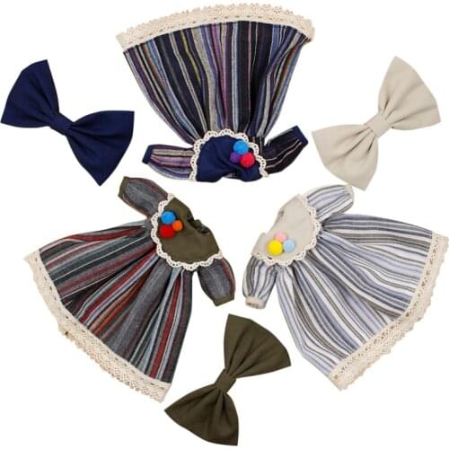 ICY DBS Blyth doll outfit licca Stripe printed dress with bowknot Lace toy clothes