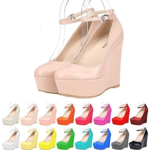 LOSLANDIFEN Women Sexy Shoes High Heels Platform Pumps Slipsole Wedges Buckle Strap Round Toe Stilettos Wedding 1195-1PA