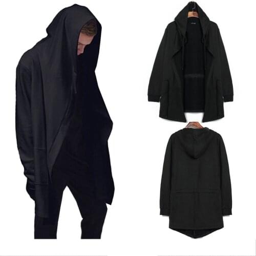 2021 Hot Stylish Mens Hooded Sweater Cardigan Long Black Cloak Cape Coat Hip-Hop Personality Street Trendsetter Solid