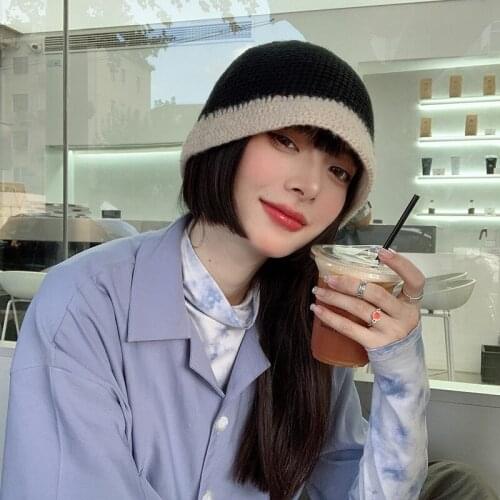Female Bicolor Knitting Bucket Hats Harajuku Bucket Hat Fishing Outdoor Panama Hip Hop Cap Winter for Fisherman Hat Women Spring