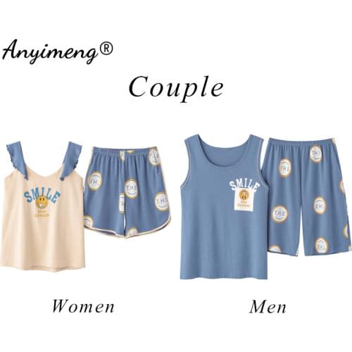 Pajamas His and Hers Cotton Sleepwear Summer Shorts Couples Lounge Wear Sleeveless Cami Set Young Man and Womens Pijamas Cotton