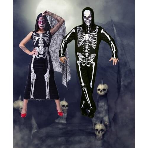 QLQ Men Skeleton Costume Cosplay Skeleton Halloween Costumes Women Skeleton Dress Role Play Scary Skull Jumpsuit