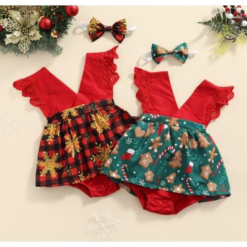 FOCUSNORM Christmas Baby Girls Boys Cute Romper 2pcs Lace Fly Sleeve V Neck Santa Plaid Snowflake Print Jumpsuits Headband 0-18M