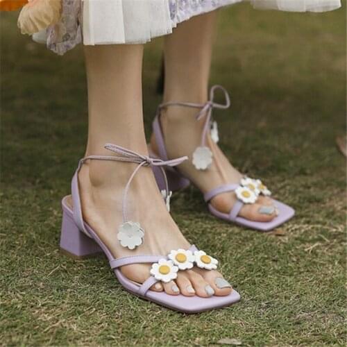 PXELENA Celebrity Flower Cross tied Gladiator Sandals Women 2021 Summer NEW Square Med Heels Party Dance Dress Office Lady Shoes