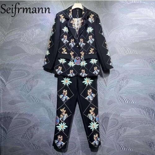 Seifrmann New 2021 Autumn Women Fashion Designer Pants Set Long Sleeve Slim Blazer + High Waist Floral Printed Long Pants Suits