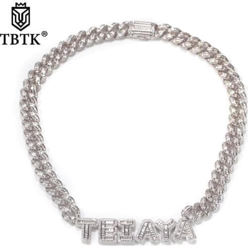 TBTK Hiphop 13mm Cuban link With Customized Name Baguette Letter Handmade Iced Out CZ Pendant Necklaces Women Best Friend Gift