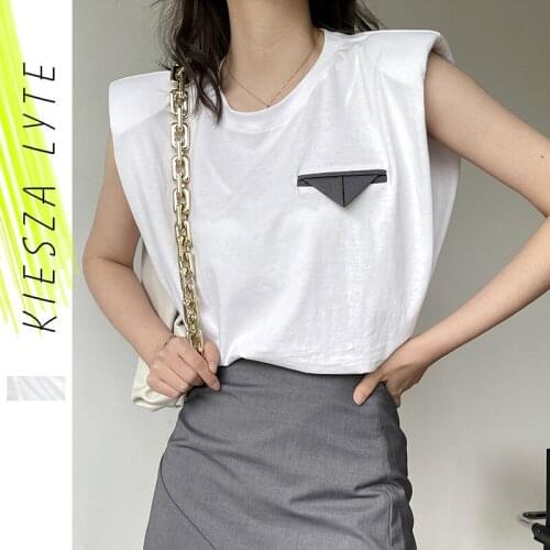 Fashion Chic Tee Sleeveless Shoulder Pad Cotton T Shirt 2021 Summer New Triangle Pocket Womens Top Streetwear