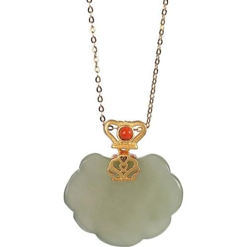 S925 sterling silver gold plated natural Hetian Jade Gray Jade set chain retro personality Ruyi ladies' pendant