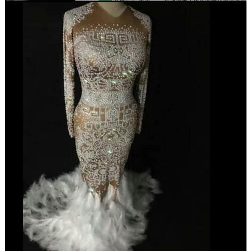 Feather trailing Rhinestone Sexy dress DJ show Singer Dance Nightclub star Host
