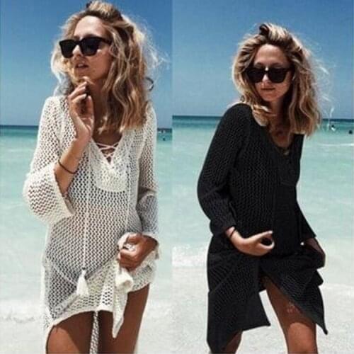 BYUAN Women Split Sexy Dress Hollow Out Knitted Beach Dress 2018 Summer Woman Sun Clothes Long Sleeve Loose Dress For Woman