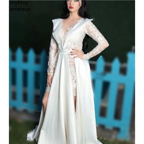 New Ivory Long Sleeve Sexy Custom Plus Size Evening Dresses 2020 Lace White Party Prom Abiye Kaftan Dubai Dress Robe De Soiree